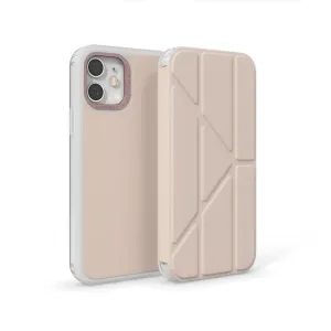 Pipetto Origami Folio-fodral för iPhone 12 Pro Max i beige, visas stängt och öppet med transparenta skyddskanter