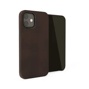 Pipetto brunt läderfodral till iPhone 12 Mini med magnetisk monteringsplatta, visas med matchande svart fäste