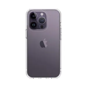 Just Mobile TENC transparent skal på en lila iPhone 14 Pro, med stöttåligt skydd och knappskydd