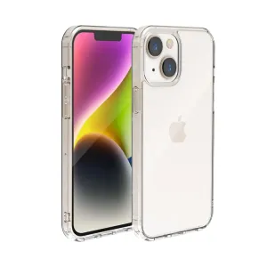 Just Mobile TENC Air genomskinligt skal för iPhone 14 Plus, visat framifrån och bakifrån med upphöjda kanter och hörnskydd