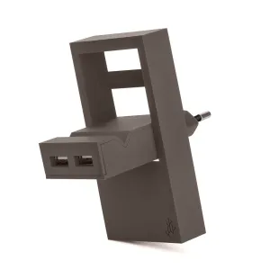 Usbepower Rock dubbel USB-A-väggladdare i mörkbrunt utförande, med två portar och europeisk stickpropp