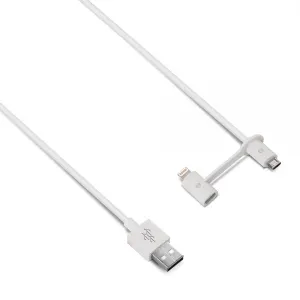 Usbepower DUO dubbel USB-laddningskabel med kontakter för USB-A, Lightning och Micro-USB i vitt