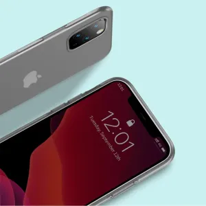 Baseus genomskinliga silikonskal för iPhone 11 Pro visas framifrån och bakifrån med upphöjt kameraskydd