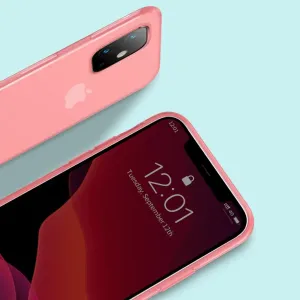 Rosa silikonfodral från Baseus för iPhone 11, visat fram- och bakifrån med upphöjt kameraskydd och halvtransparent finish