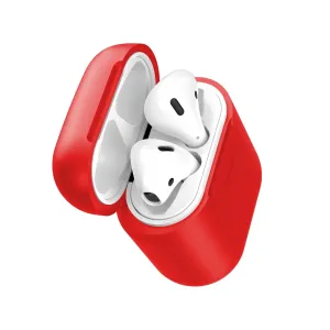 Rött AirPods-fodral i silikon från Baseus, öppet med vita hörsnäckor inuti, skyddar AirPods mot repor