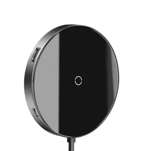 Baseus rund 6-i-1 USB-C-hubb med inbyggd trådlös laddningsplatta på 10 W och fast kabel.