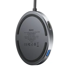 Baseus kompakt 6-i-1-USB-C-hubb med trådlös laddningsplatta och synliga USB-portar, i mörkgrått.