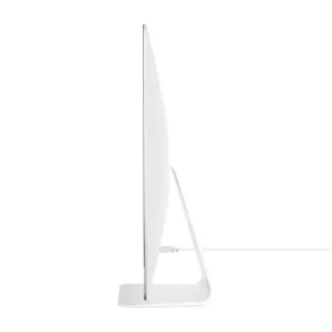 Vit datorskärm i sidovy med tunn profil, böjt stativ och kabel mot en enkel bakgrund.