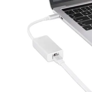 Moshi Gigabit Ethernet Cat 6-kabel ansluten till en bärbar dator för stabil trådbunden nätverksåtkomst