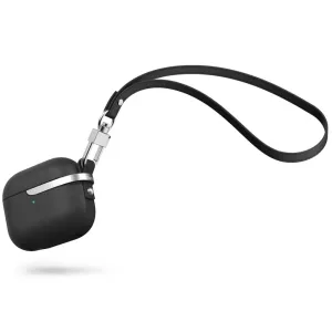 Moshi Pebbo Luxe AirPods 3-fodral i svart med rem och metallklämma, skyddar mot stötar och repor