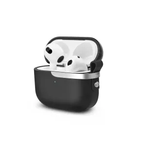 Moshi Pebbo Luxe-skyddsfodral för AirPods 3 i svart, visat öppet med hörlurarna inuti