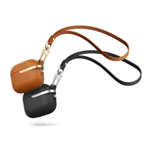 Moshi Pebbo Luxe skyddsfodral för AirPods 3 i brunt och svart med fastsatta handledsremmar