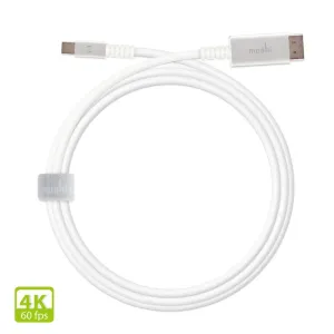 Moshi Mini DisplayPort-till-DisplayPort-kabel med vita kontakter och 4K 60 fps-märke, hoprullad på vitt