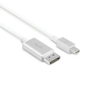 Moshi Mini DisplayPort till DisplayPort-kabel med silverfärgade kontakter och vita kablar för anslutning av en Mac eller bildskärm