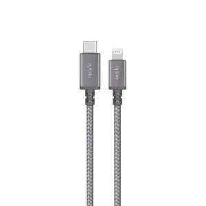 Moshi Integra USB-C till Lightning-kabel med flätad grå utsida och Moshi-logotyp