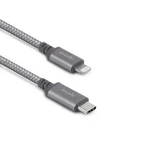 Moshi Integra USB-C till Lightning-kabel med flätad grå design och märkta kontakter
