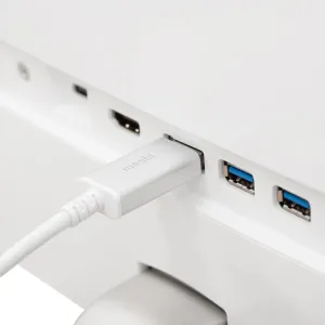 Moshi USB-C till DisplayPort-kabel ansluten till en vit enhet bredvid synliga USB-A-portar