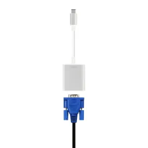 Moshi USB-C-till-VGA-adapter med vit USB-C-kontakt och blå VGA-kontakt för anslutning till extern skärm