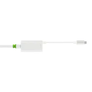Moshi USB-C-till-Gigabit Ethernet-adapter med vitt hölje och fastsittande kablar på vit bakgrund