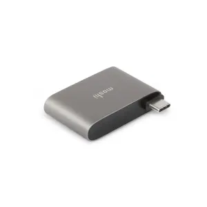 Moshi-adapter från USB-C till två USB-A-portar med kompakt grå och svart design och synlig USB-C-kontakt