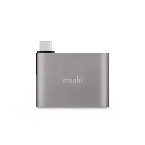 Moshi USB-C till HDMI-adapter med laddning, silvergrå metalladapter med USB-C-kontakt och logotyp på vit bakgrund