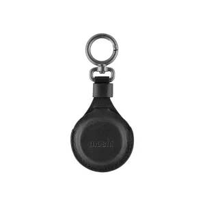 Moshi AirTag-nyckelring i svart veganskt läder med fjäderlås och präglad logotyp