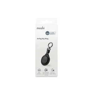 Moshi AirTag Key Ring-detaljhandelsförpackning med svart skyddande nyckelringsfodral i veganskt premiumläder, förpackning sedd framifrån.