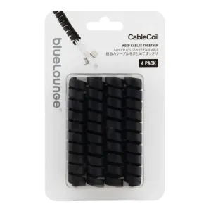 Bluelounge CableCoil kabelorganiseringstillbehör i 4-pack i svart, visas i transparent blisterförpackning