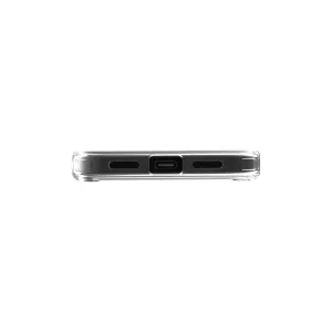 Just Mobile TENC Air transparent skyddsfodral för iPhone 16, visat från sidan med utskärningar