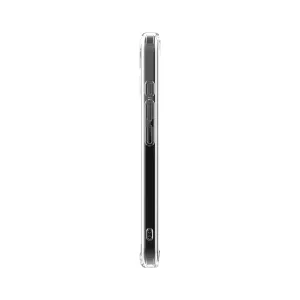 Just Mobile TENC Air transparent skyddsfodral för iPhone 16, sidovy med tunn profil och upphöjda knappurtag.