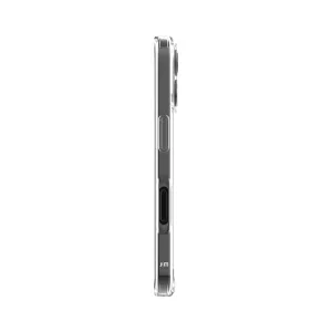Just Mobile TENC Air genomskinligt skyddsskal för iPhone 16 visas från sidan med slimmad profil och knappskydd