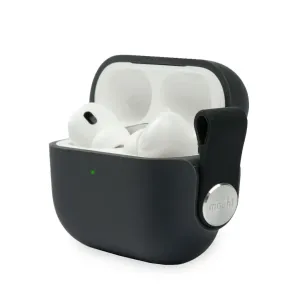 Moshi Pebbo skyddsfodral för AirPods Pro 2 i Shadow Black med vita öronsnäckor inuti