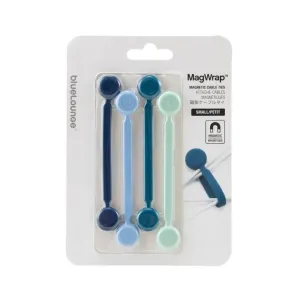 Bluelounge MagWrap små magnetiska kabelband i paket, fyra blå och mintfärgade band för organiserad kabelförvaring