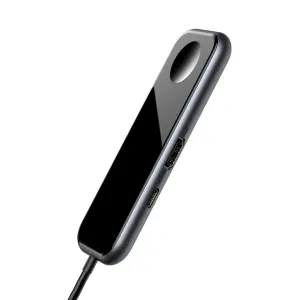 Baseus 6-i-1 USB-C-hubb med blank svart finish, USB-A- och USB-C-portar samt fast kabel