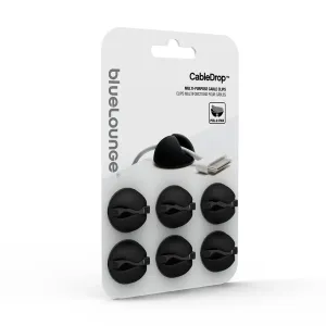 Bluelounge CableDrop 6-pack svarta självhäftande kabelhållare i detaljhandelsförpackning