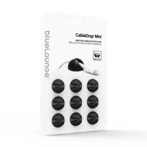 Bluelounge CableDrop Mini 9-pack förpackning med svarta självhäftande kabelhållare för kabelhantering