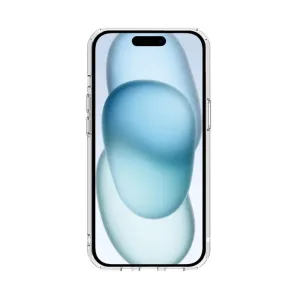 Just Mobile TENC Air transparent skyddsfodral för iPhone 15, visat framifrån med upphöjda kanter och utskärningar för knappar