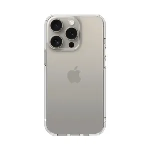 Just Mobile TENC Air transparent skyddsskal för iPhone 15 Pro, visat på en guldfärgad iPhone med kamerautskärning