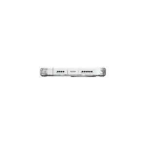 Just Mobile TENC Air transparent skyddsskal för iPhone 15 Pro Max, visat från nederkanten med USB-C-utskärning.