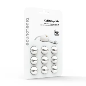 Bluelounge CableDrop Mini 9-pack-förpackning för självhäftande kabelhantering, visas i vitt med illustrationer av kabelhållare