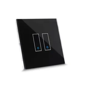 Iotty Smart Switch 2-gang frontplade i sort hærdet glas med to touchfelter og blå indikatorer