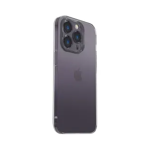 Transparent iPhone-skal från Just Mobile med upphöjt kameraskydd, visat på en iPhone 14 Pro