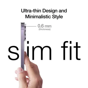 Just Mobile Slim iPhone-skal, ultratunn sidoprofil på 0,6 mm visas i handen med markering för slimmad passform.