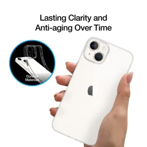 Just Mobile TENC Slim Fit transparent iPhone 14-skal med kameraskydd, visas på en telefon i handen