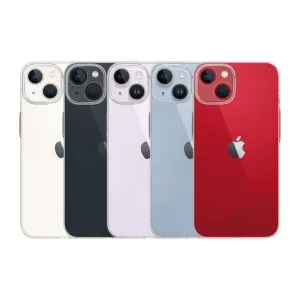 Just Mobile TENC Slim Fit genomskinligt skal på fem iPhone 14-färger, med slimmat transparent skydd och upphöjd kameraram.