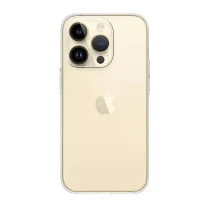Just Mobile TENC Slim genomskinligt MagSafe-skal för iPhone 14 Pro Max på en guldfärgad iPhone, med baksida och kamerautskärning
