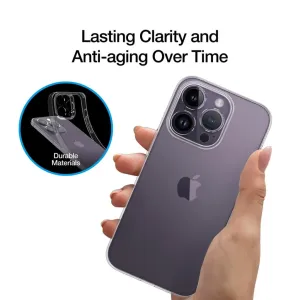 Just Mobile genomskinligt tunt iPhone-skal på en lila iPhone 14 Pro med en skyddande kamerautskärning