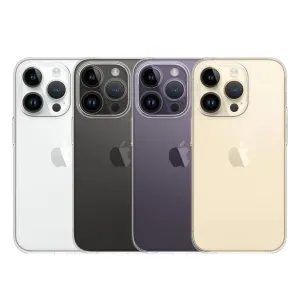 Fyra iPhone 14 Pro Max-telefoner i silver, svart, lila och guld, visade bakifrån mot vit bakgrund.