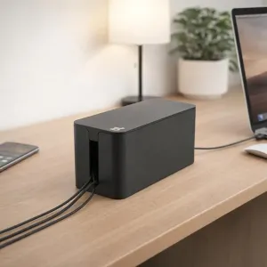 Bluelounge CableBox Mini kabelhanteringsbox på ett skrivbord som döljer strömkablar och sladdtrassel.