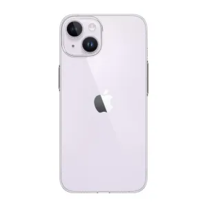 Just Mobile TENC Slim transparent skal för iPhone 14 Plus, baksida av en ljuslila iPhone med kamerautskärningar